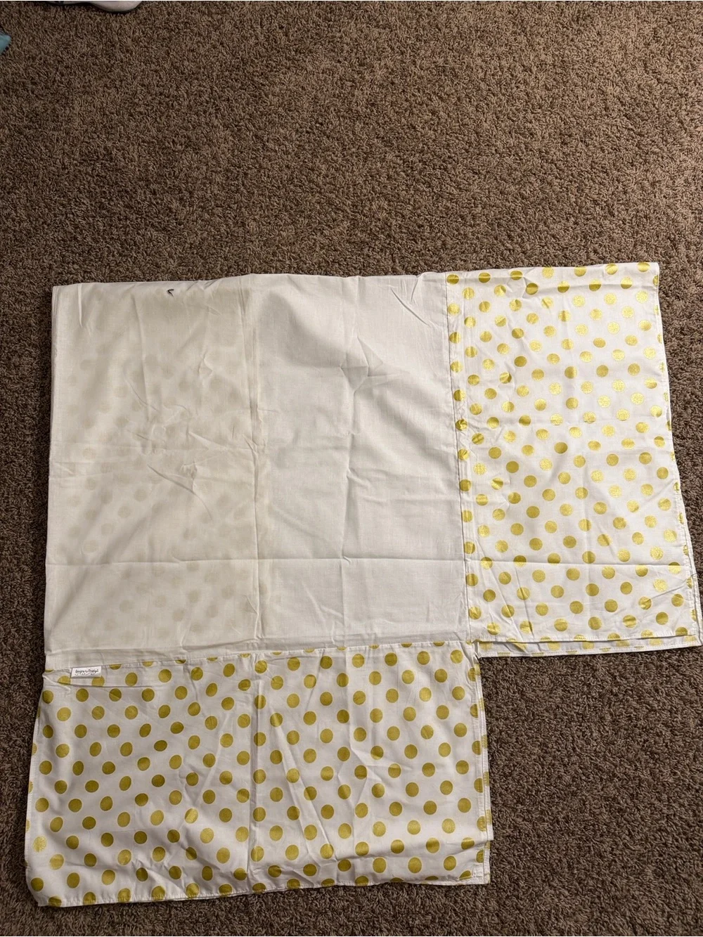 White Changing Pad Cover and Crib Bedskirt with Metallic Gold Dot Print